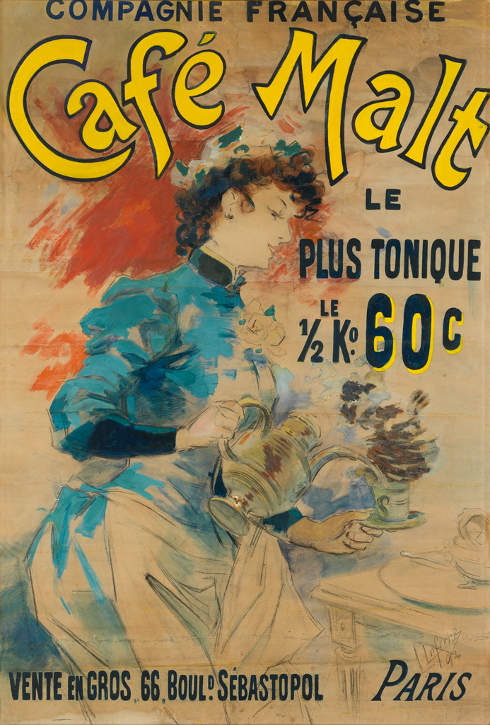 LUCIEN LEFÈVRE (1850-?). CAFÉ MALT. Gouache and charcoal maquette. 1892. 46x31 inches, 118x80 cm. Chaix, Paris.